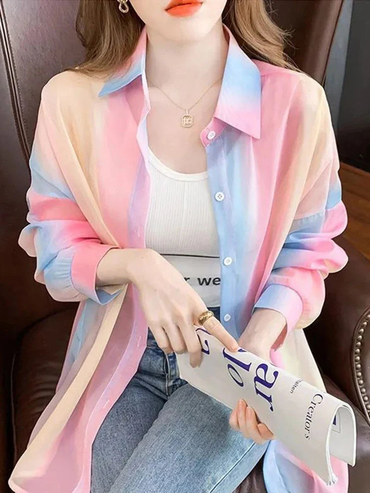 Women's Long Sleeve Sheer Gradient Rainbow Casual Blouse Loose Fit Basic Shirt Stylish Lightweight Jacket