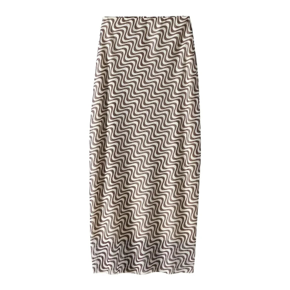 Women's Silk Screen Print Hanging Neck Open Back Top with High Waist Slimming Skirt Set Summer Fashion Two-Piece Outfit