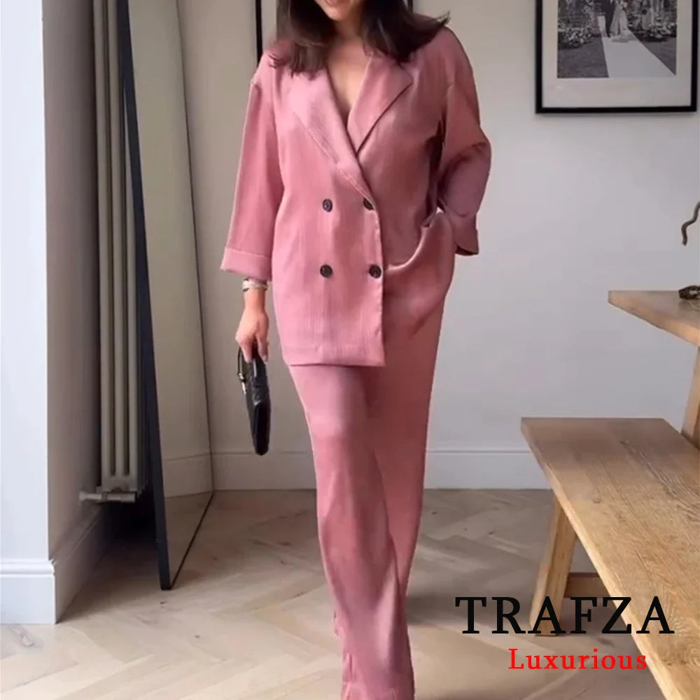 Chic Vintage Pink Loose Blazer and High Waist Wide Leg Pants Set for Women