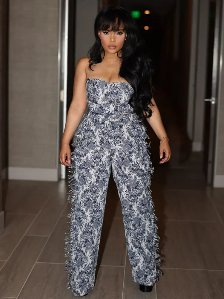 Floral Print Two Piece Set for Women with Strapless Crop Top and Side Tassel Wide Leg Pants for Y2K Birthday Parties