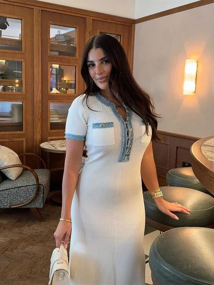 Elegant Denim Patchwork Knitted Long Dress With Pockets