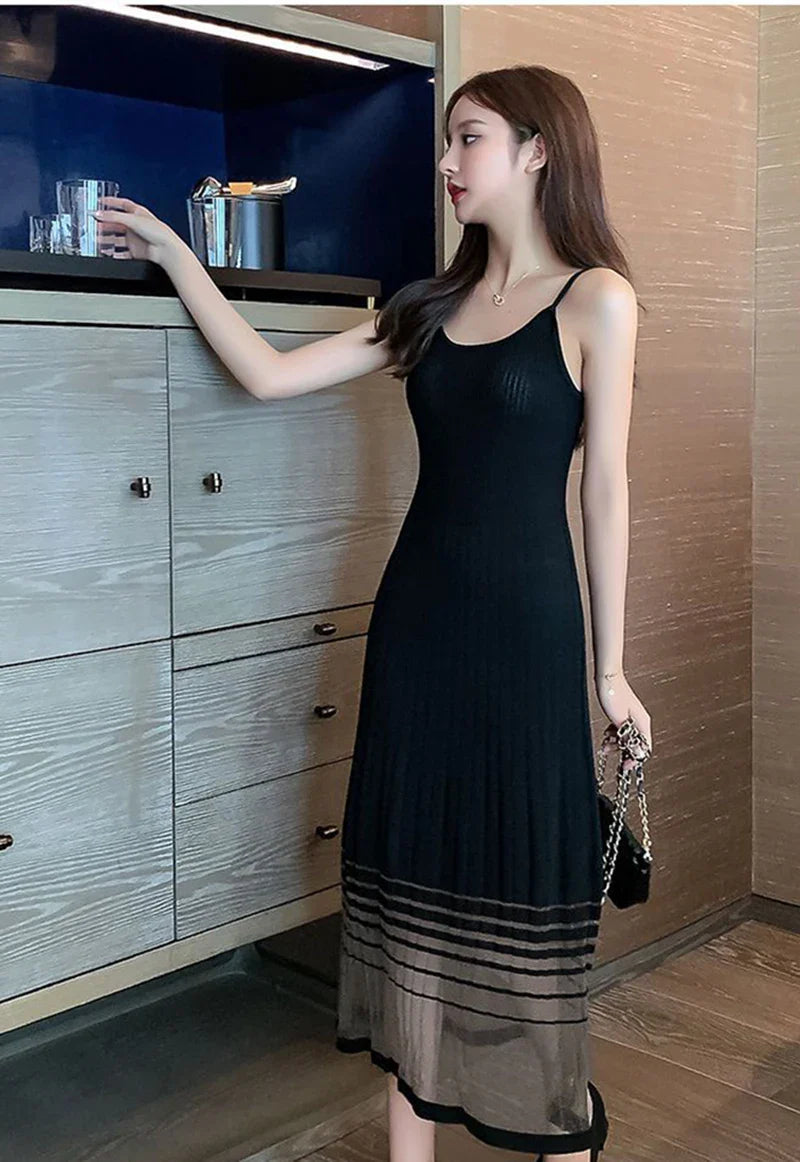 Striped Midi Dress Mesh Korean Patchwork Spaghetti Strap