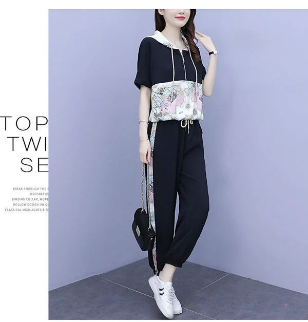 Women's Casual Two Piece Set with Hooded T-Shirt and Contrast Printed Pants for Spring and Summer Fashion