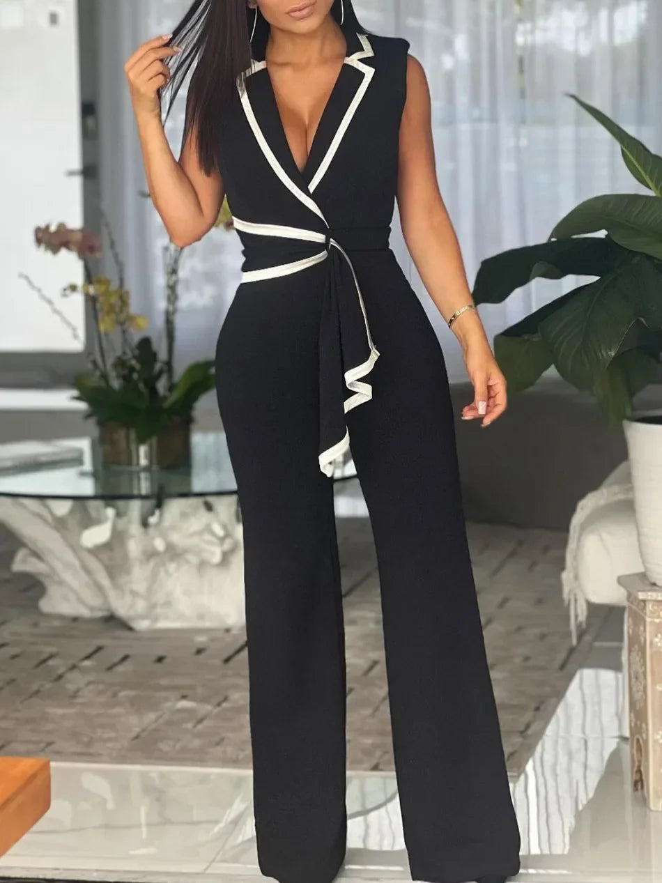 Women's Elegant Sleeveless V Neck Overalls Jumpsuit Full Length Wide Leg Pants Office Casual Summer Outfit
