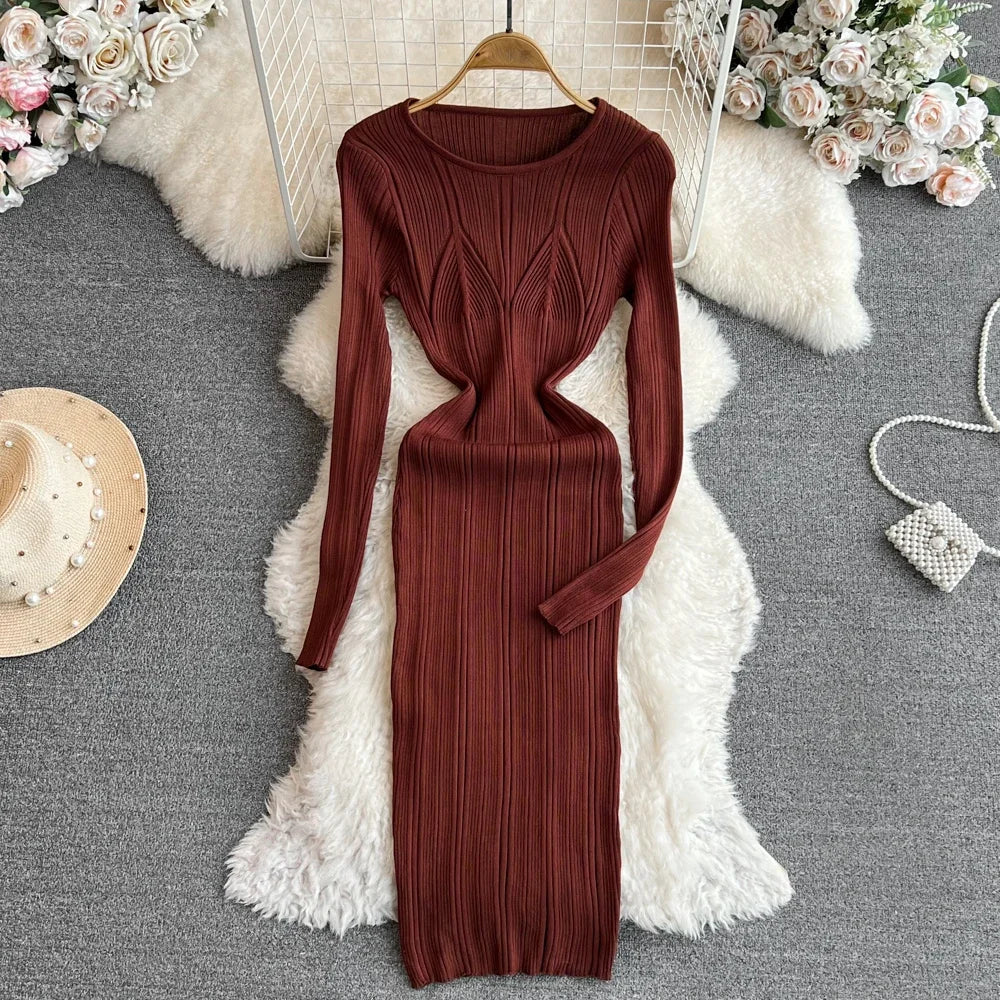 Long Sleeve Knitted Bodycon Dress For Women Autumn Retro