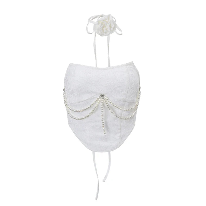 Solid Pearl Embellished Two Piece Set Sleeveless Floral Slim Fit Vest with Pleated Mini Skirt Summer Women's Fashion Ensemble