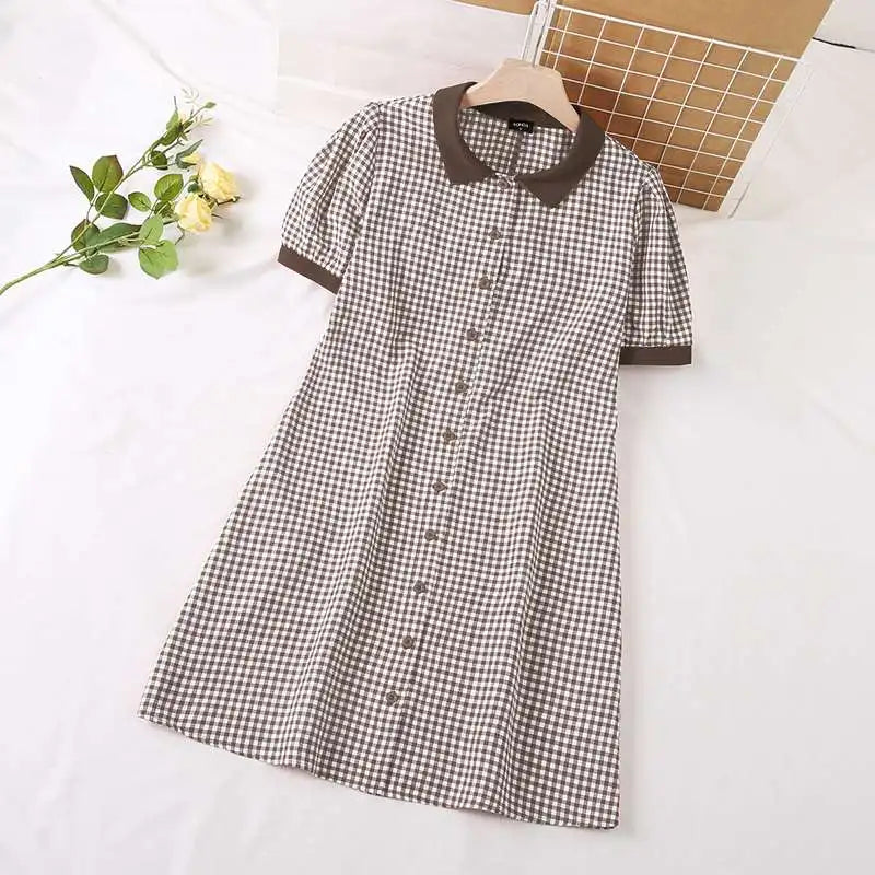 Boho Plaid Mini Dress Puff Sleeve A Line Sundress Style