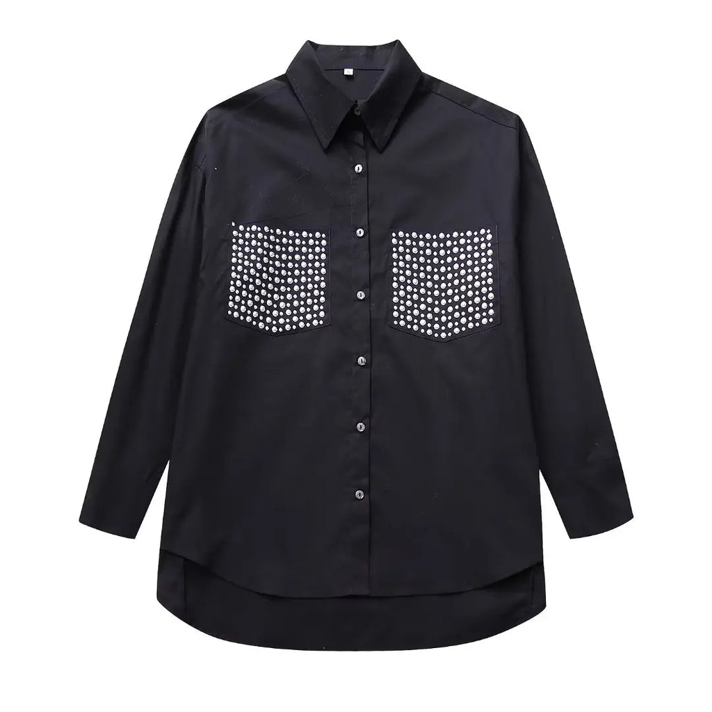 Women's Casual Lapel Collar Single Breasted Blouse with Pockets and Rivet Detail Long Sleeve Shirt