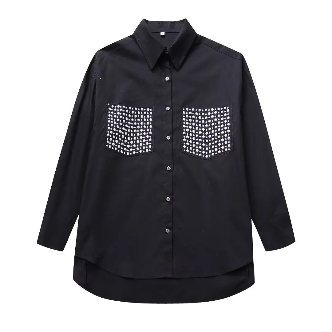Women's Casual Lapel Collar Single Breasted Blouse with Pockets and Rivet Detail Long Sleeve Shirt