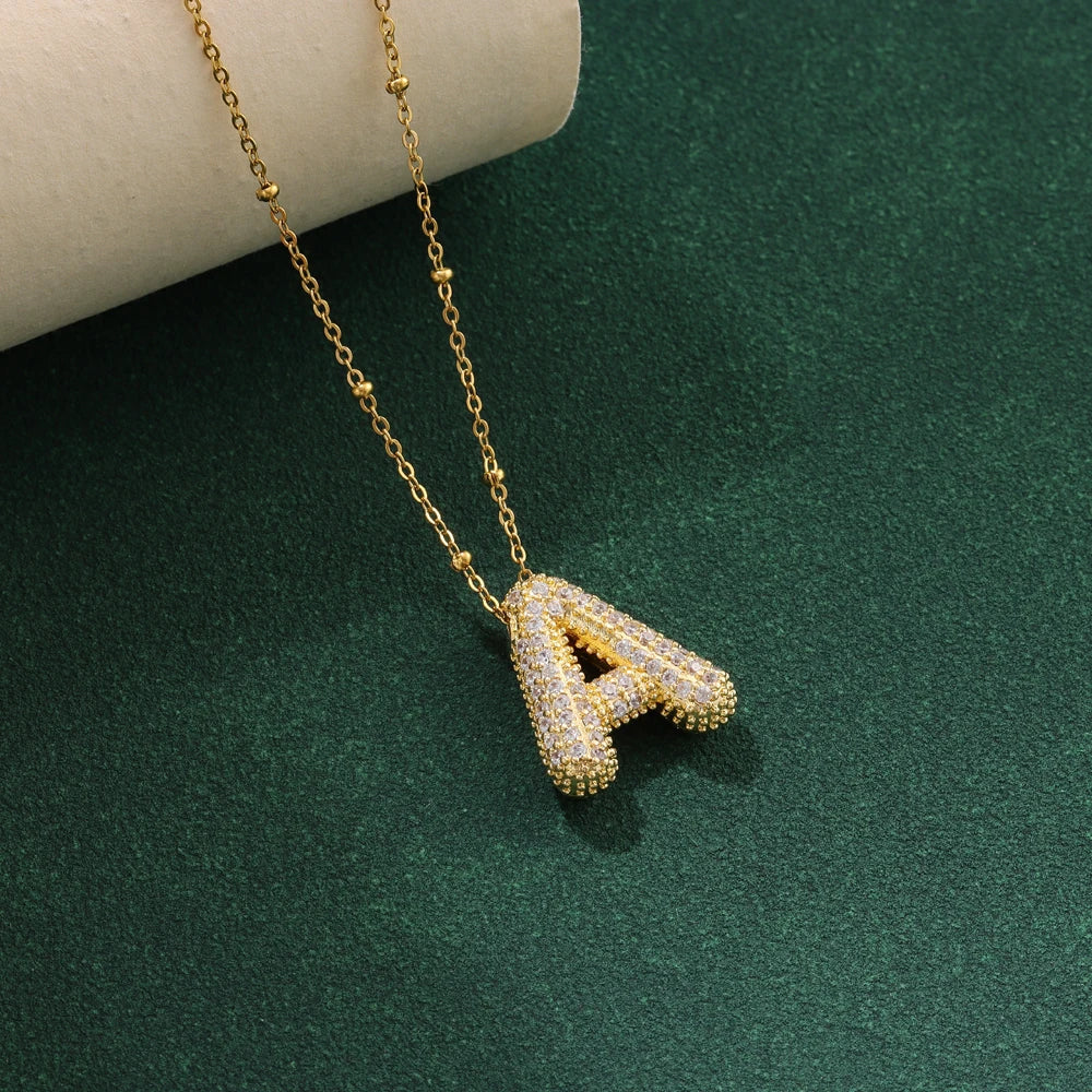 Luxury Zircon Crystal Initial Necklace for Women Stainless Steel Choker Chain Jewelry