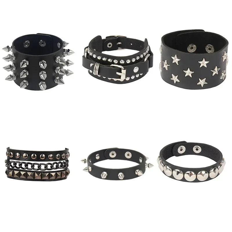 PU Leather Studded Gothic Cuff Bracelet Adjustable Punk Rivet Wristband for Men and Women