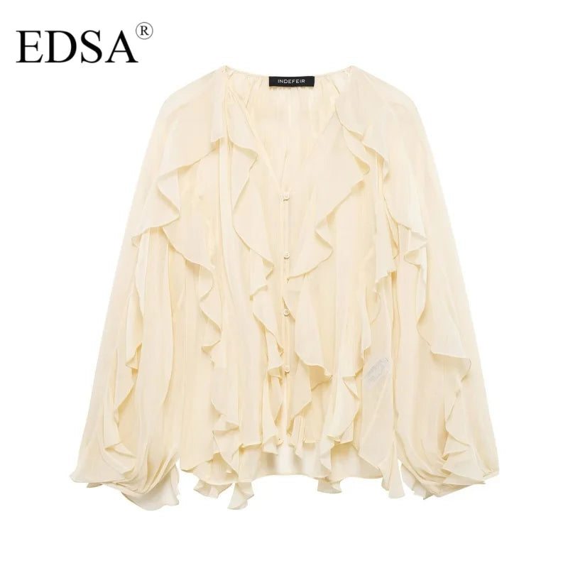 Semi-Sheer Ruffle V-Neck Blouse for Women Long Sleeve Button-Up Lightweight Spring Summer Top