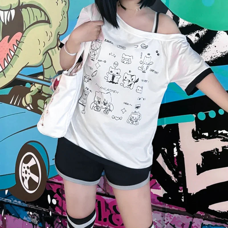 Japanese Y2K Subculture Cute Off-Shoulder White Short-Sleeved Cartoon Print Summer T-Shirt for Women