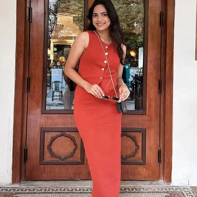 Women's 2 Piece Knit Skirt Set with Cropped Sleeveless Vest and High Waist Slim Fit Skirt in Solid Color with Gold Button Detail