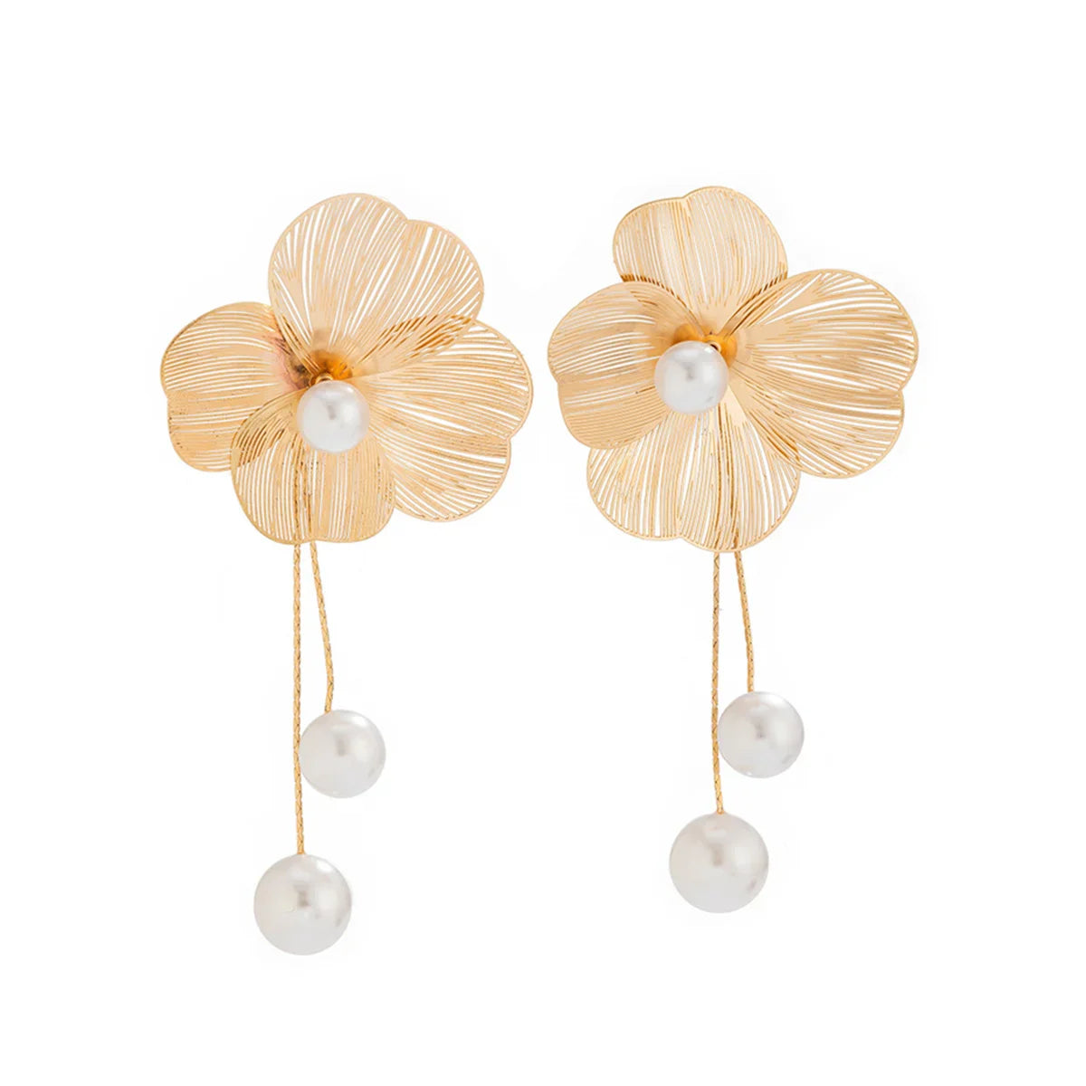 Women's Flower Petal Long Tassel Drop Earrings with Imitation Pearl for Weddings and Special Occasions