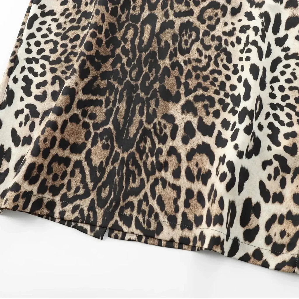 Leopard Print Midi Dress For Women Shirt Style Short Sleeve