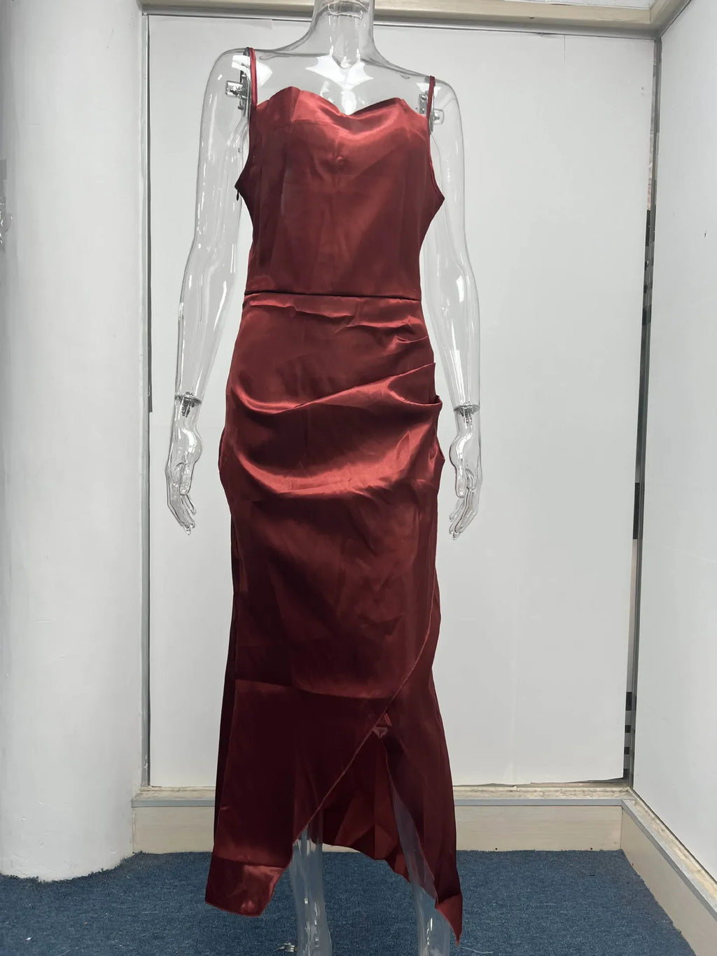 Elegant Satin Strap Dress With Back Split For Spring