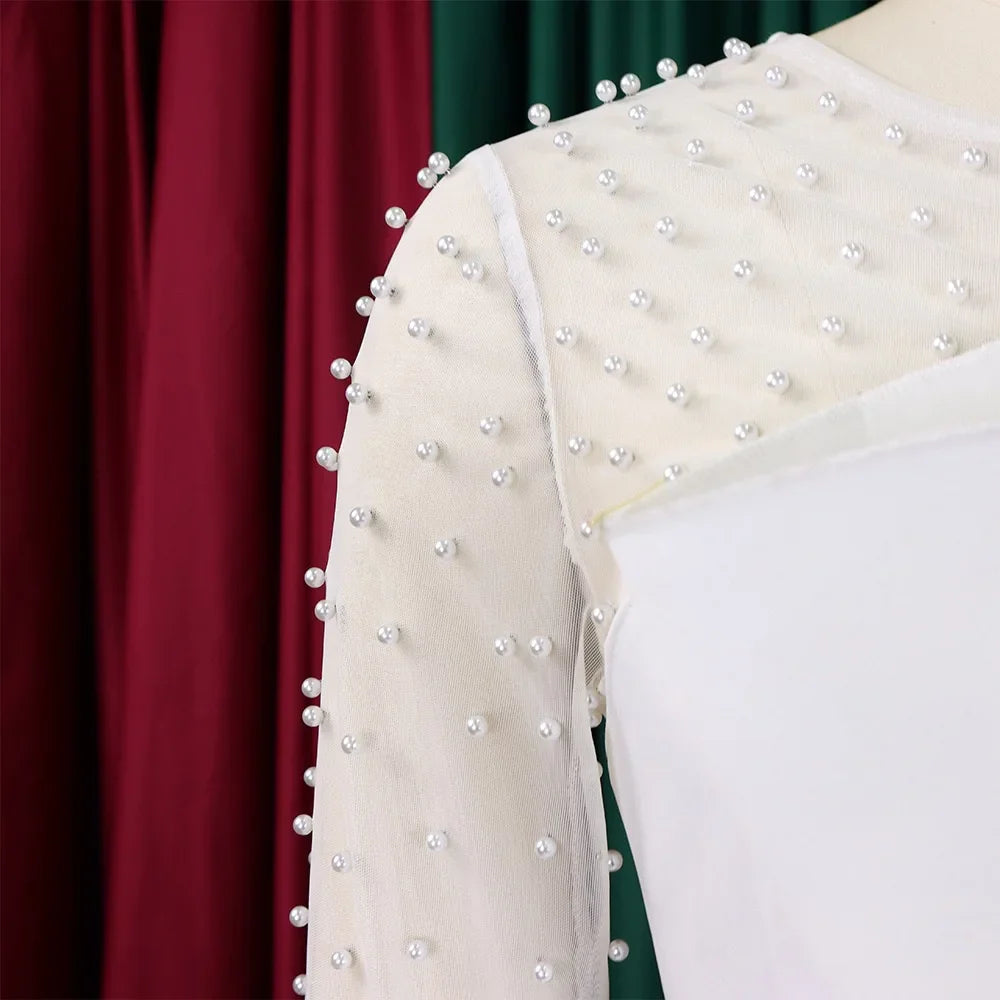 Elegant High Waisted Jumpsuit for Women with Round Neck Beaded Detail and Transparent Sleeves Perfect for Birthday Parties and Special Occasions