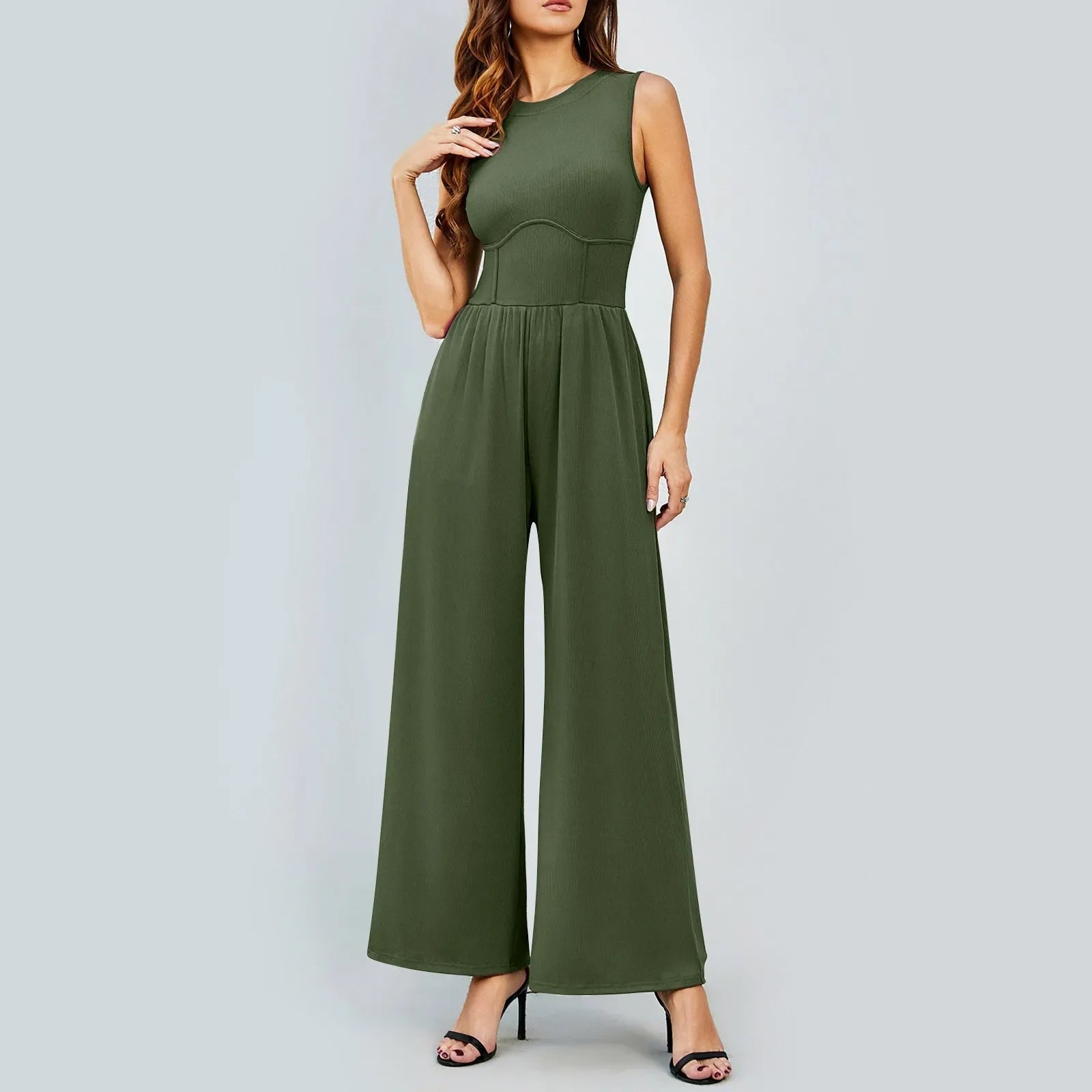 Women Sleeveless High Neck Ribbed Tank Top Jumpsuit Wide Leg Pants Romper with Tummy Control and High Waist Casual Summer Outfit