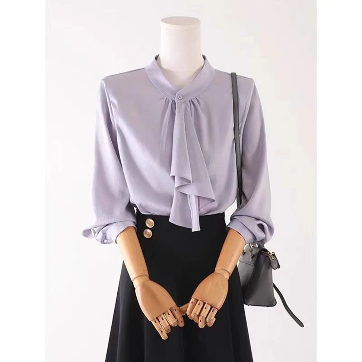 Elegant Scarf Collar Button Up Blouse for Women Long Sleeve Solid Color Temperament Top Spring Autumn Fashion Shirt