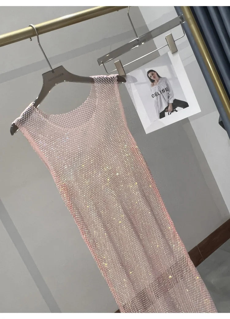 Rhinestone Mesh Midi Dress for Sexy Party and Clubwear