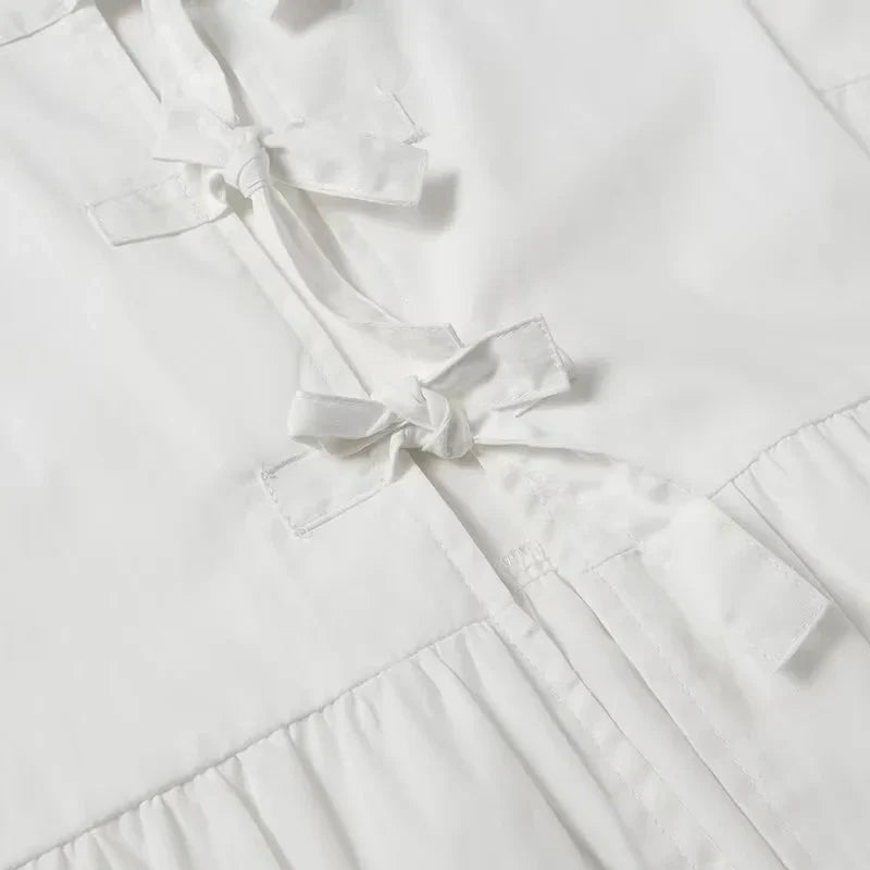 Women Bow Lace Up Puff Sleeve Blouse O Neck Sweet Casual Chic Top in White and Black