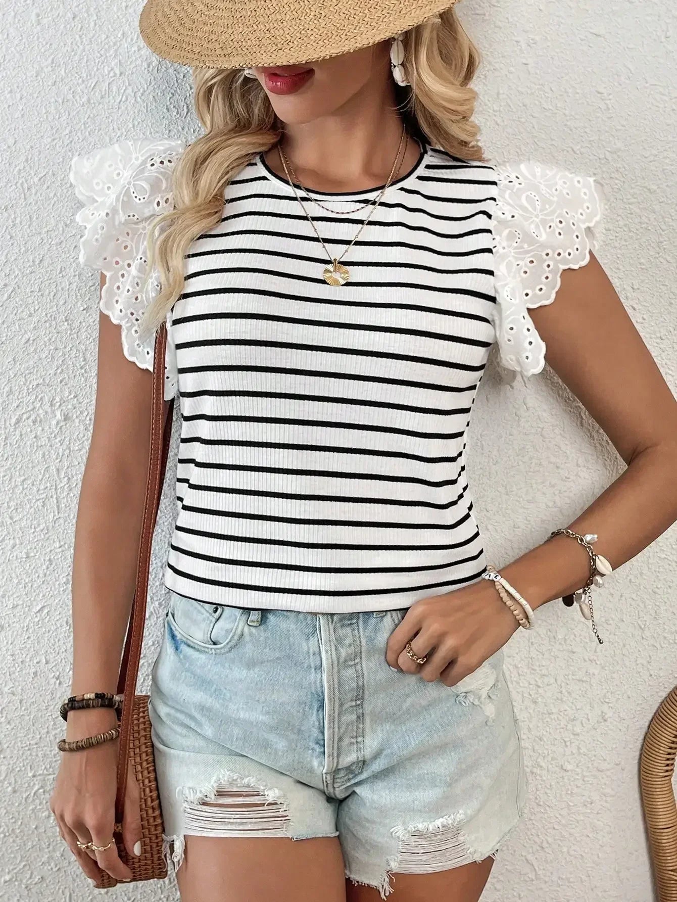 Elegant Women's Casual T-Shirt with Round Neck and Flying Sleeves in Hollow Stripe Design
