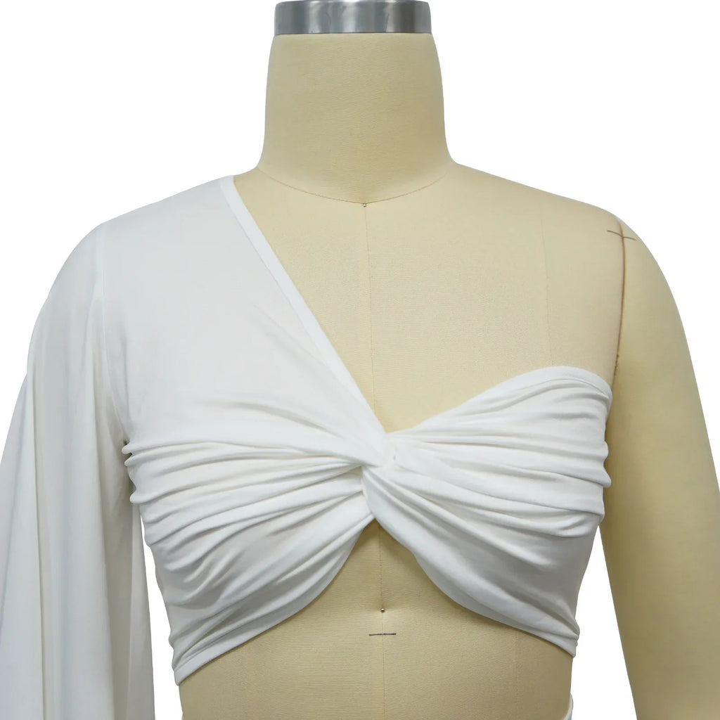 Women's Ruched One Shoulder Sleeve Crop Top and Wide Leg Pants Two Piece Set Outfit