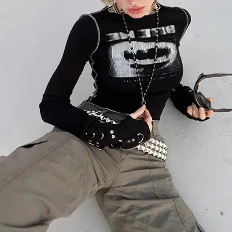 Vintage Punk Skull Graphic Print Women's Crop Top Long Sleeve Y2K Grunge Tee