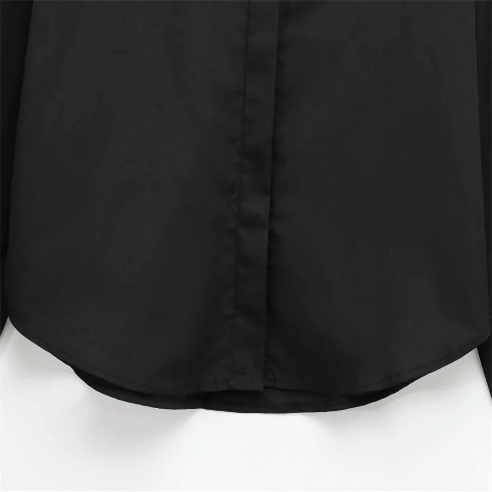 Solid Color Casual Collar Long Sleeve Poplin Shirt for Women with Gold Buckle Accent and Loose Fit