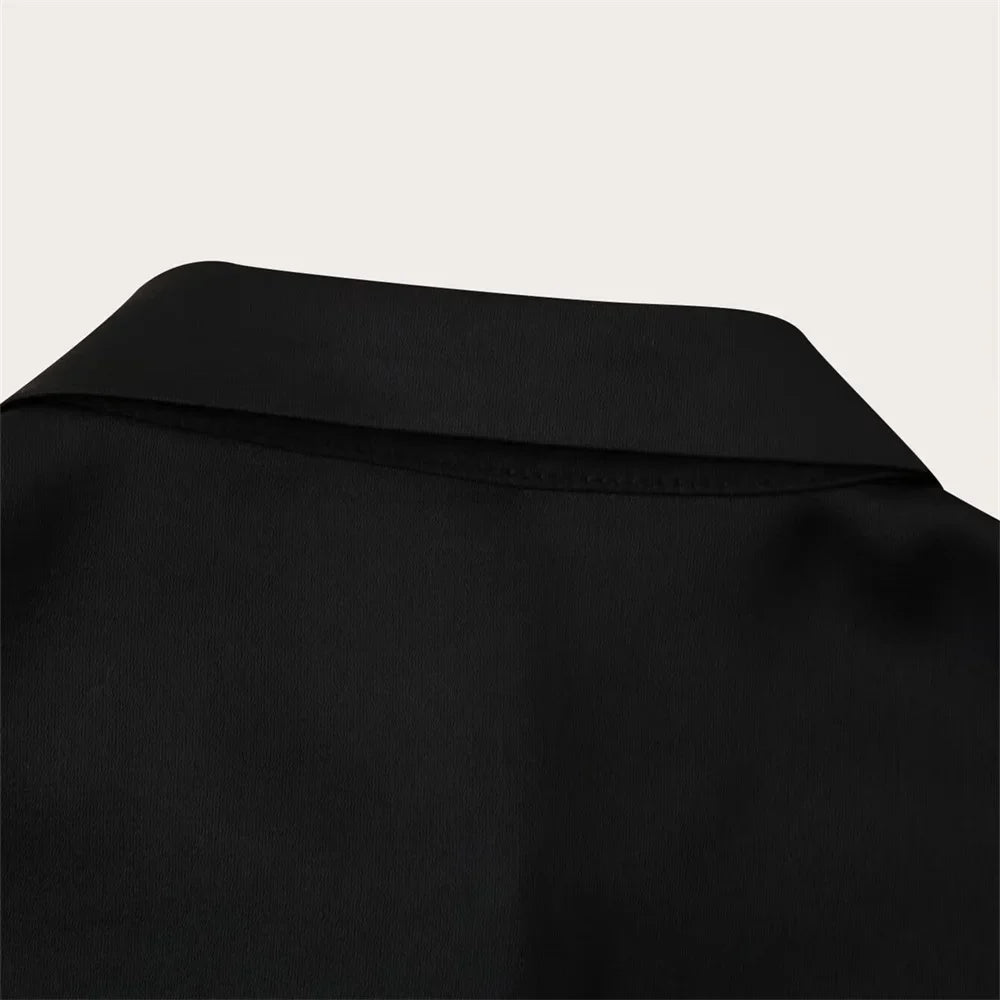 Women's Satin Texture Sequin Embroidered Shirt and High Waist Long Pants Set