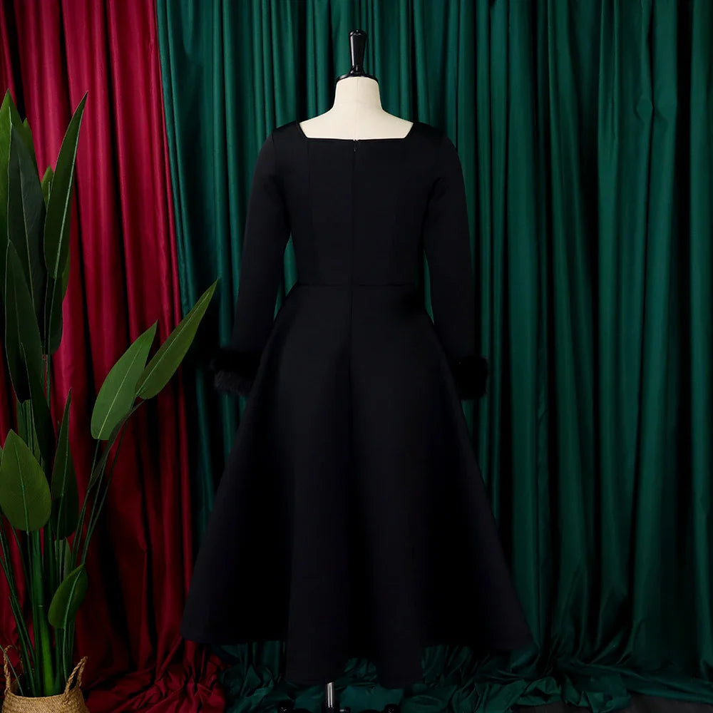 Square Neck Party Dress Women Pleated A Line Mid Calf