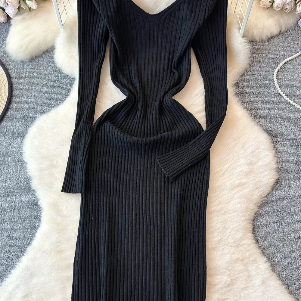 White Long Sleeve V Neck Lace Up Elegant Dress For Women