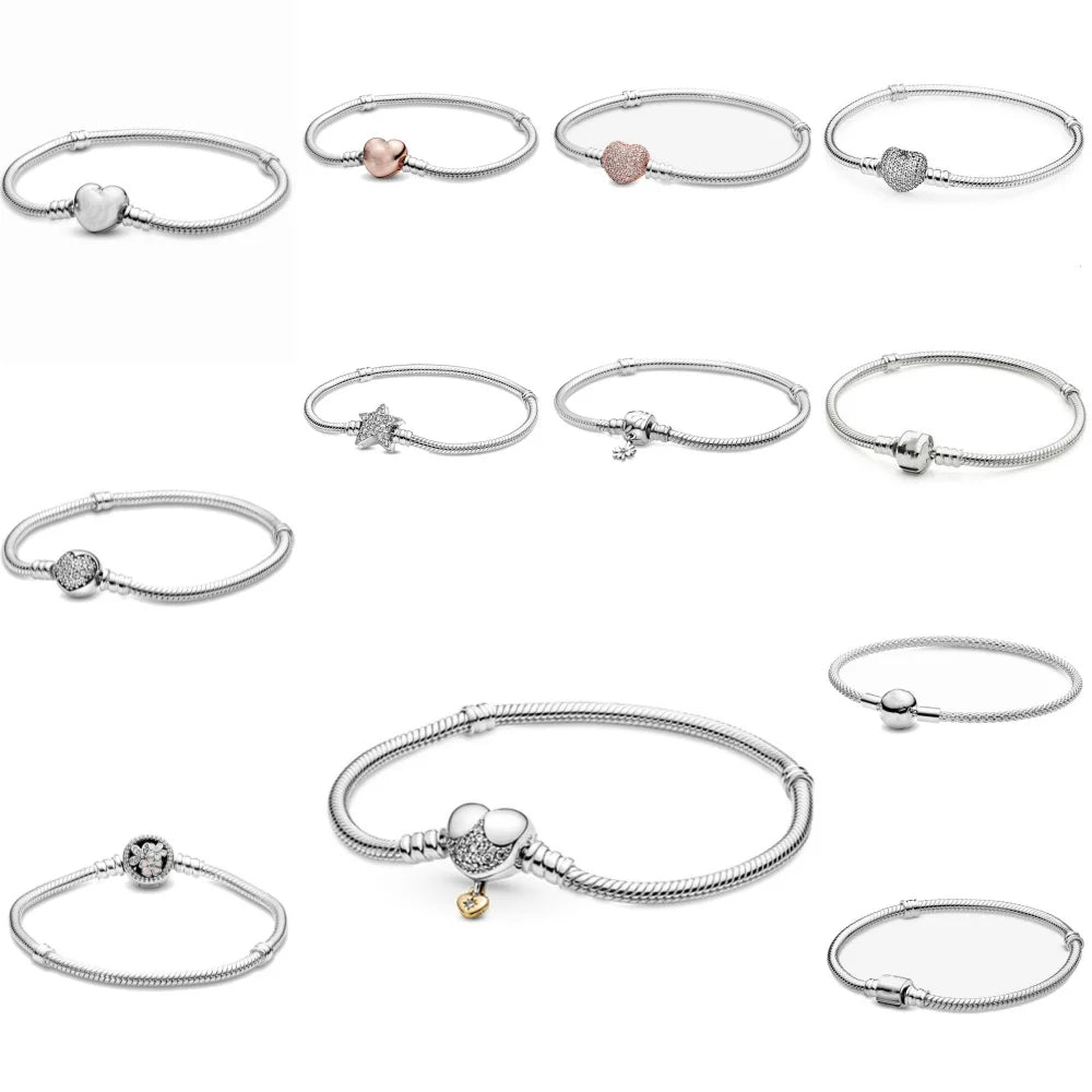 925 Sterling Silver Heart Star Clasp Clip Snake Chain Bracelet 16-21cm Charm Jewelry Accessories