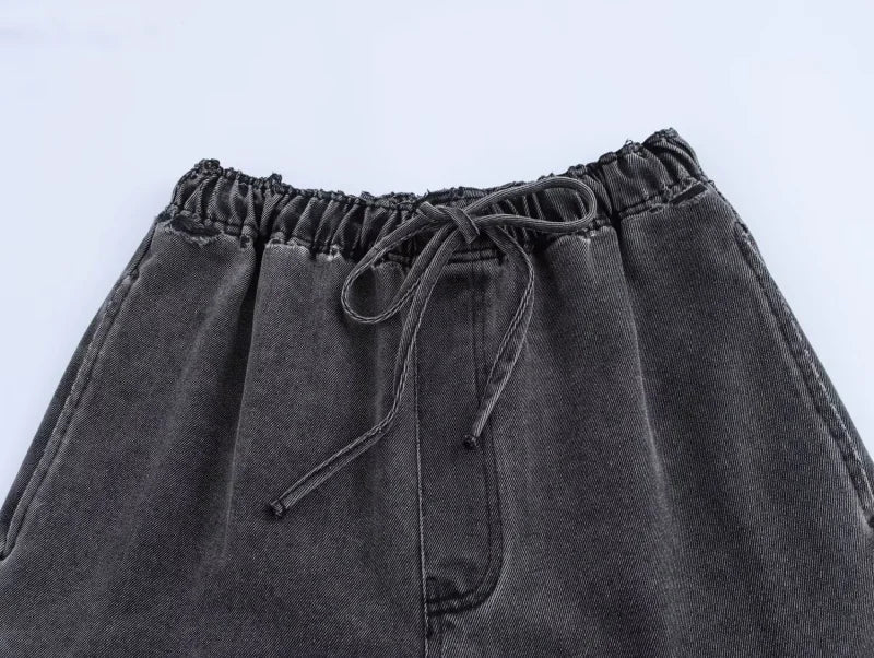 Casual Open Collar Pocket Denim Top and Loose Wide Leg Drawstring Waist Denim Pants Two Piece Set for Women