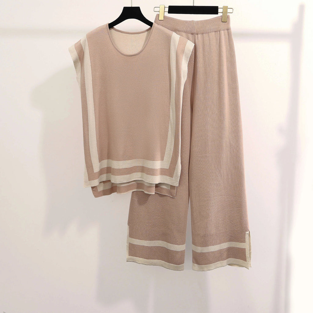 Women Casual Striped Sweater Pant Set Autumn Winter Knitted Short Sleeve Tops and Elastic Sweater Pants