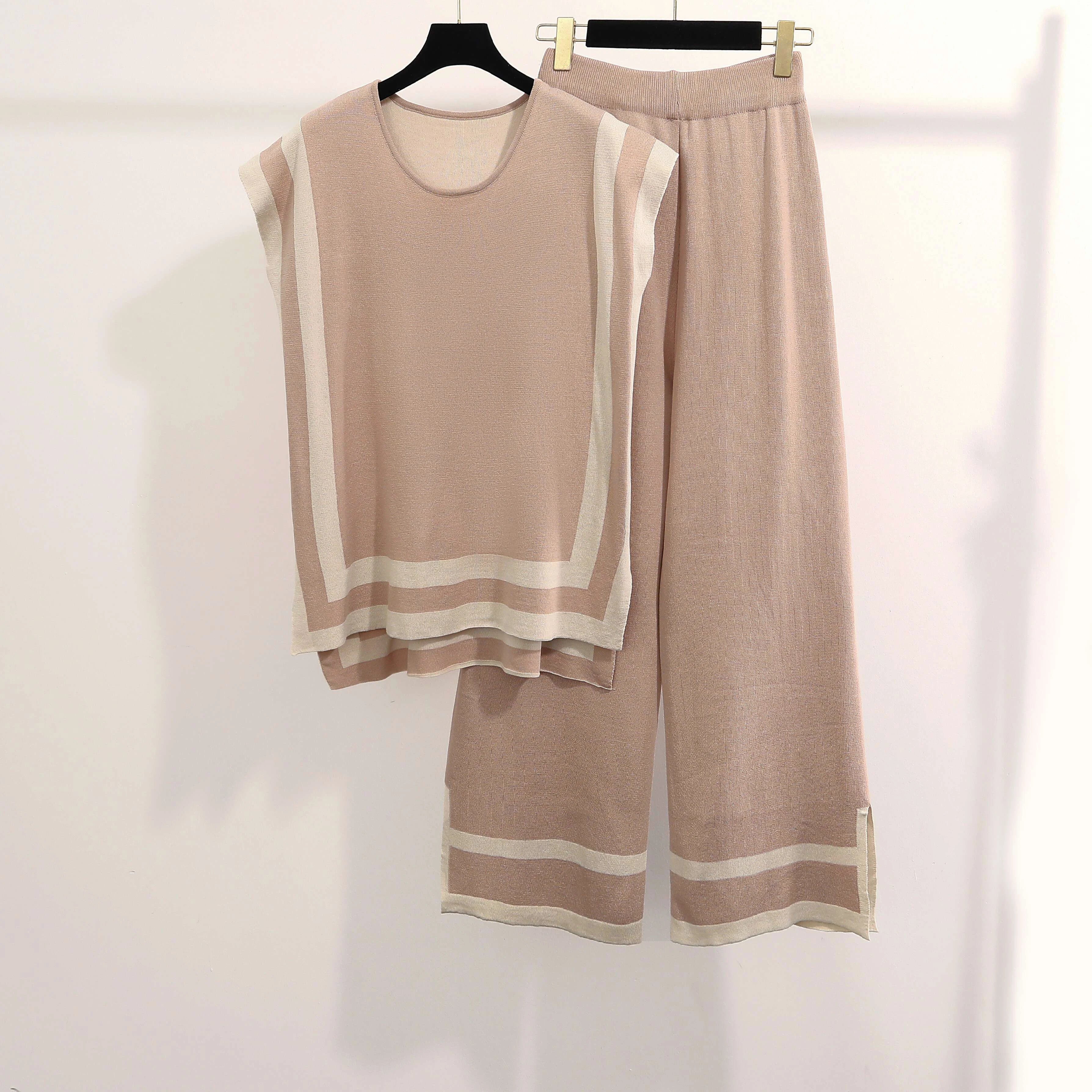 Women Casual Striped Sweater Pant Set Autumn Winter Knitted Short Sleeve Tops and Elastic Sweater Pants