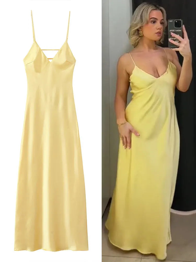 Yellow Satin Dress V Neck Backless For Women Party Evening