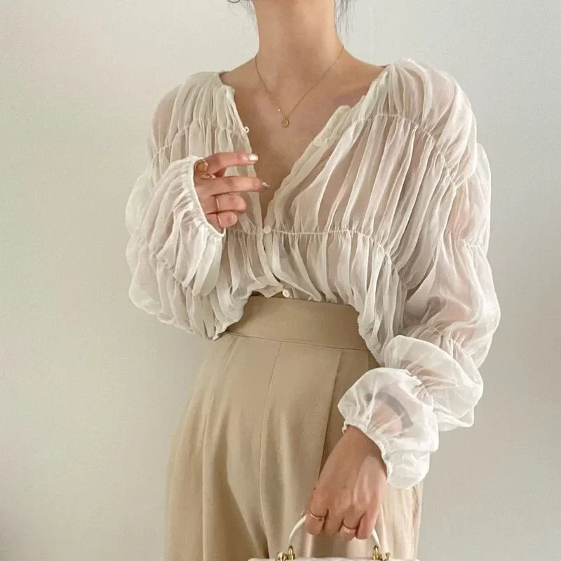 Loose Fit Chiffon Blouse for Women Pleated Sheer Long Sleeve Casual Summer Top with Elegant Folded Design