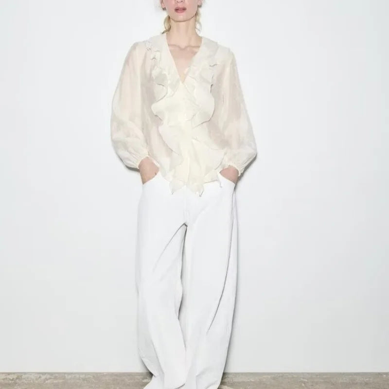 Laminated V Neck Long Sleeve Casual Shirt for Women with Versatile Temperament and Elegant Fit