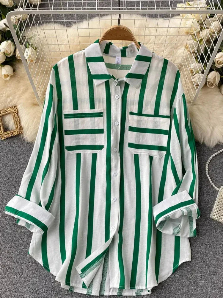 Elegant Medium Length Vertical Stripe Shirt Jacket for Women Casual Loose Fitting Korean Style Blouse
