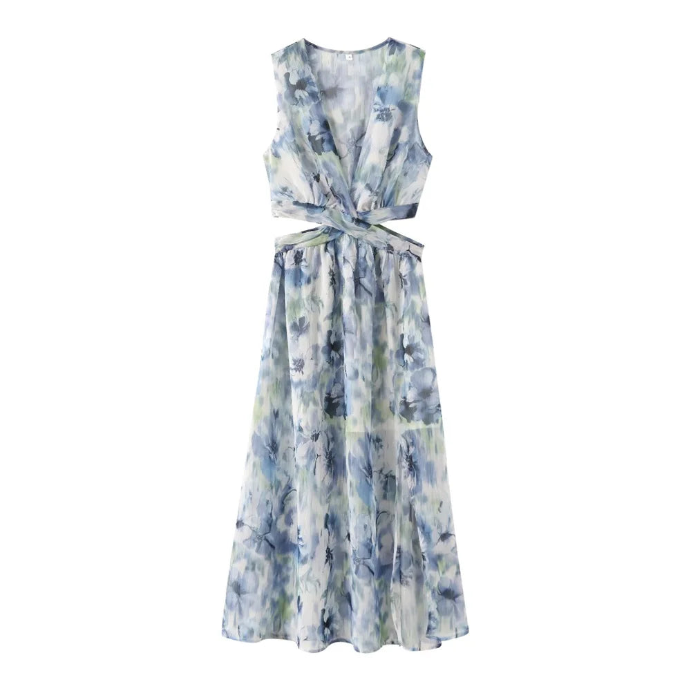 V Neck Printed Dress With Metal Line Open Waist Silhouette