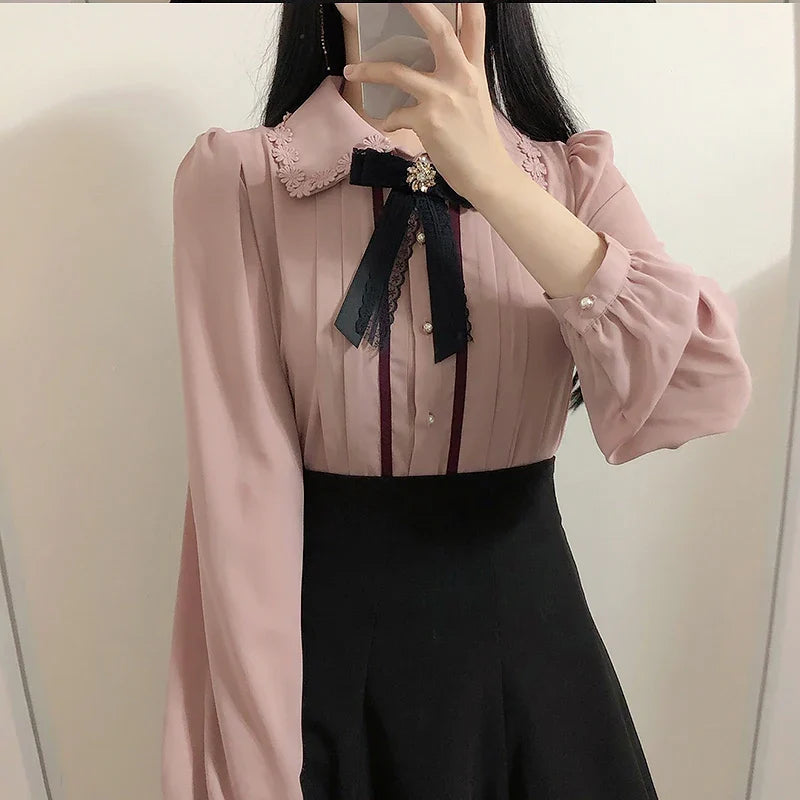 Elegant Vintage Button-Up Blouse for Women Cute Preppy Style Formal Work Shirt with Japanese Korean Inspired Design