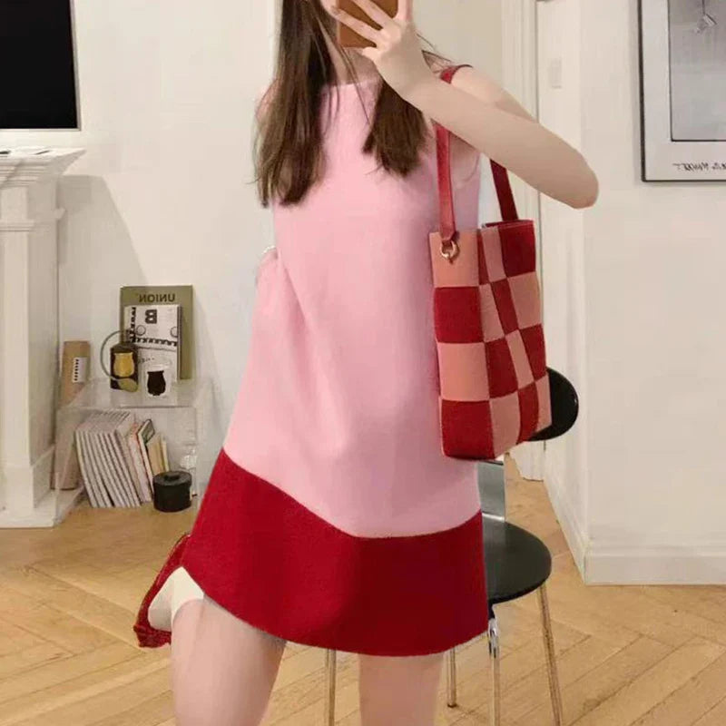 Korean Style Patchwork Sundress Sleeveless Round Neck Mini