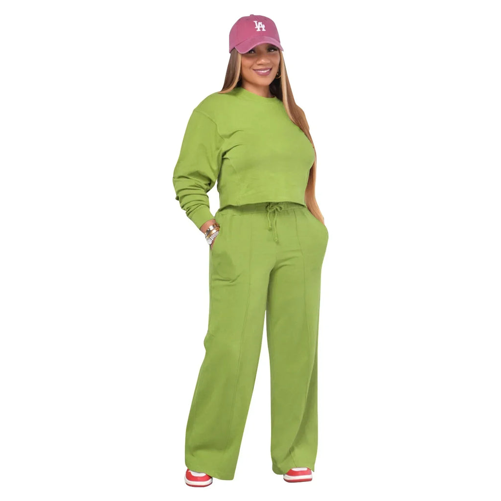 Women Winter Tracksuit Set Pullover Top and Pants 2 Piece Casual Outfit Thicken Warm Solid Color Suit