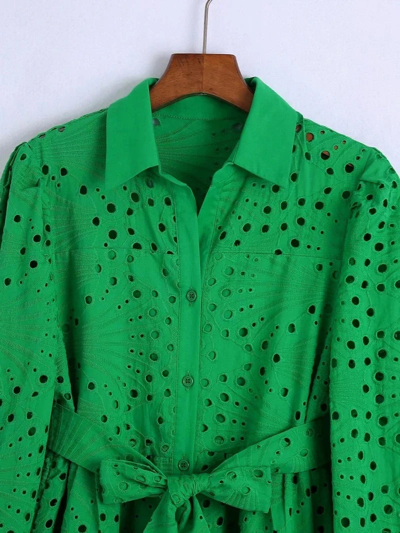 Lace Belted Dress With Eyelet Embroidery Cutout Design