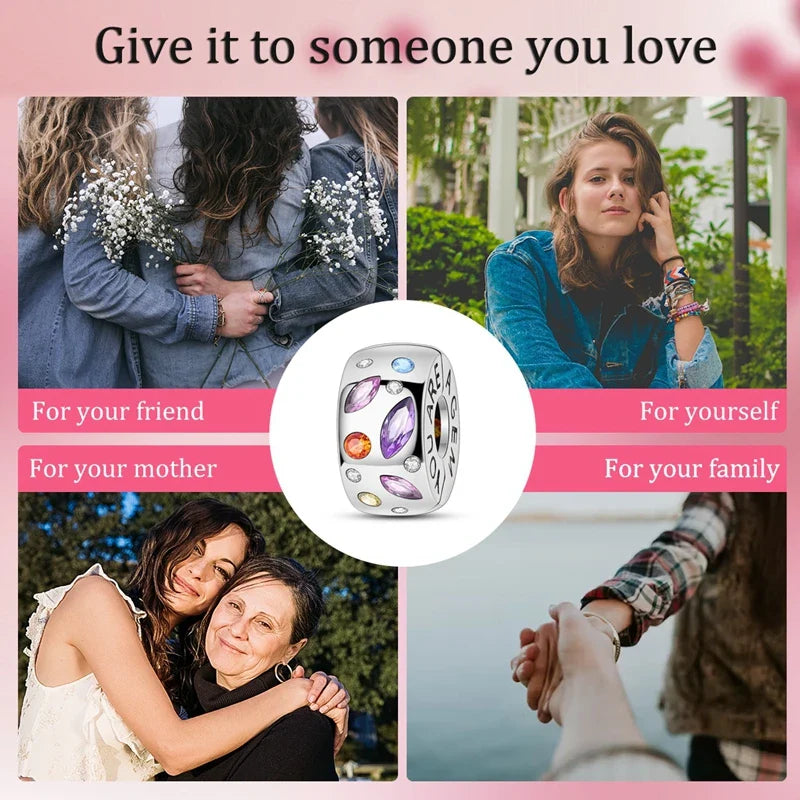 Fit Original 925 Sterling Silver Clip Charms with Zircon and Silicone Spacer Beads for Women DIY Bracelet Gift