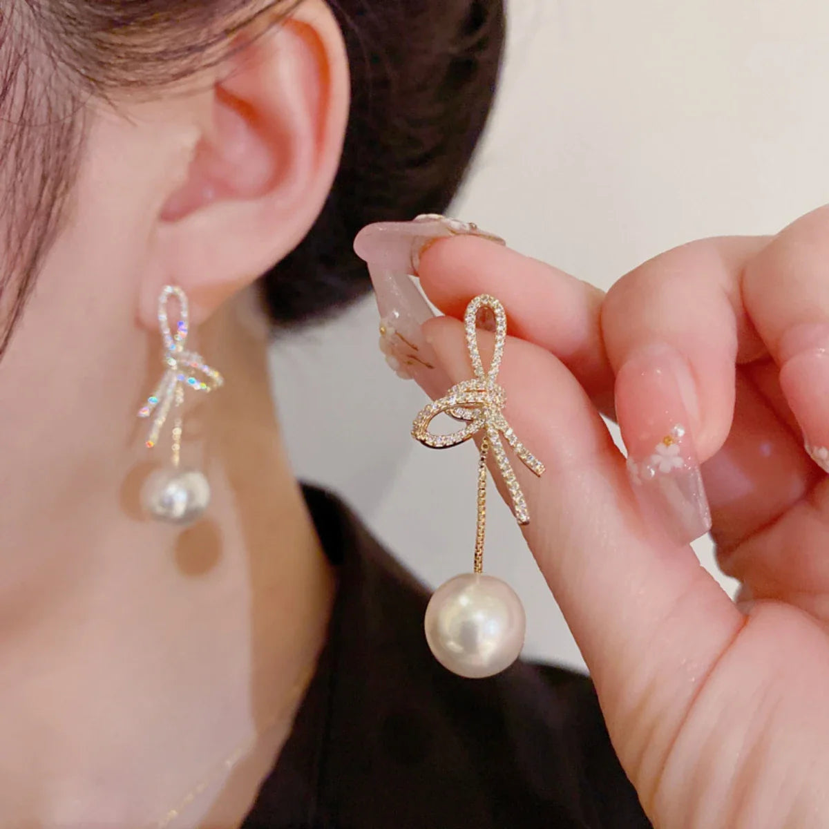 Women's Bowknot Diamond Pearl Earrings in Silver, Unique High-End Fashion Jewelry