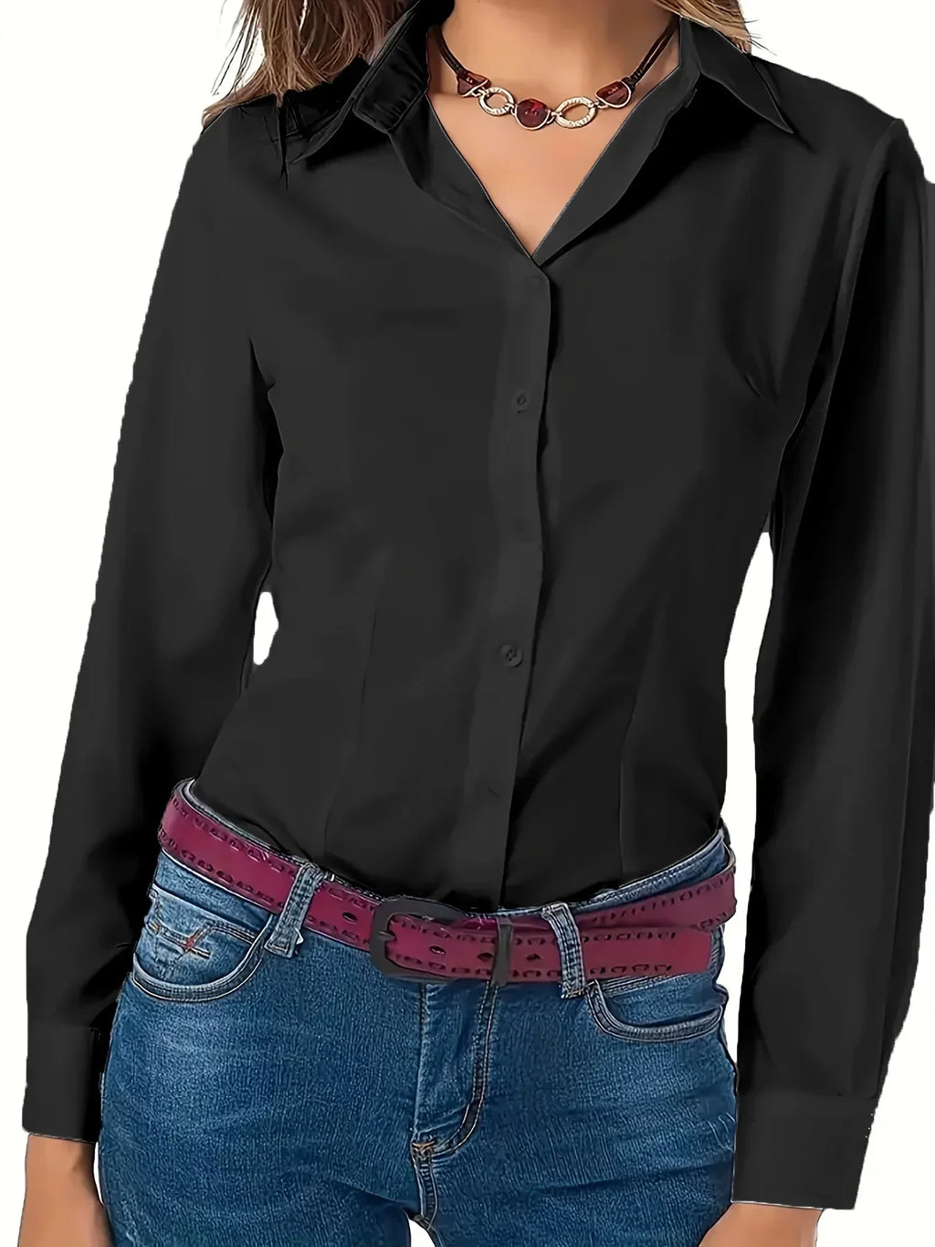 Solid Button Front Shirt Elegant Long Sleeve Lapel Blouse Lightweight Basic Top for Spring and Fall Women's Fashion Office Casual Wear