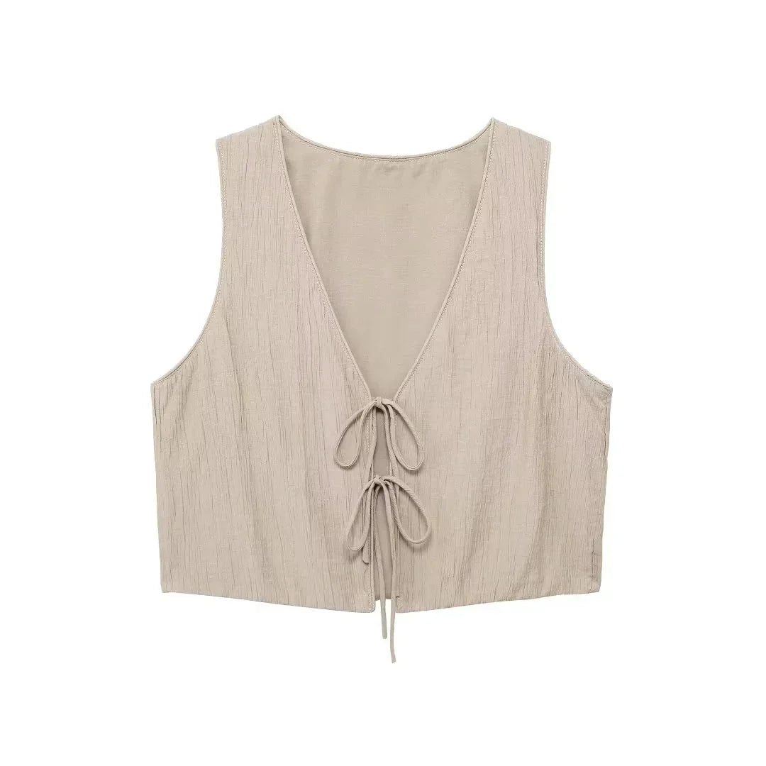 Summer Women's Elegant Solid Color Skirt Set Casual V-neck Bow Lace-Up Sleeveless Crop Vest Top with Loose Drawstring Midi Skirt